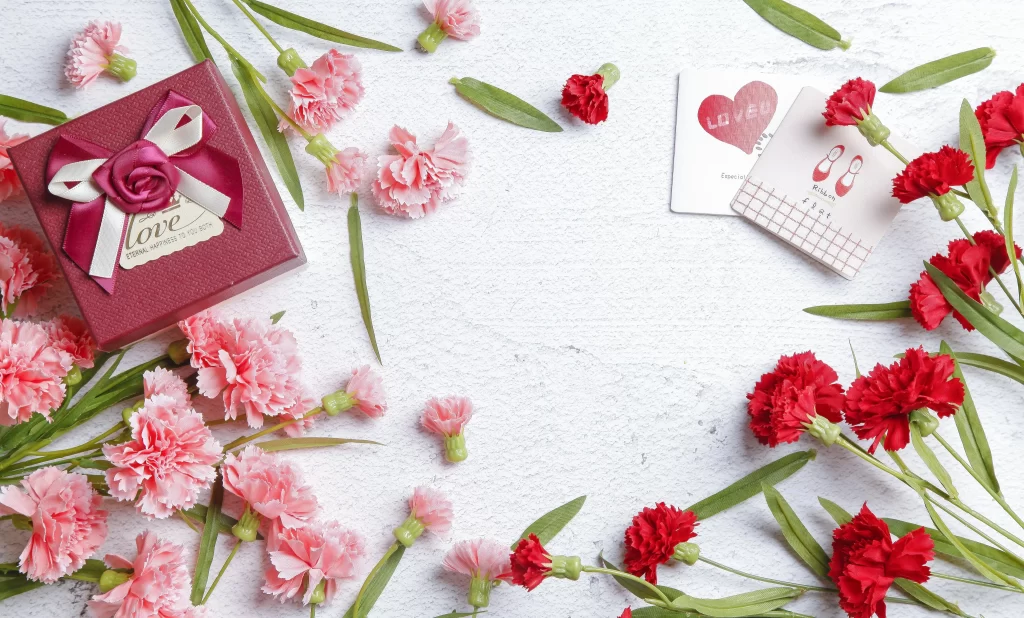 Pink Red Carnation Petals Green Leaves Gift Box