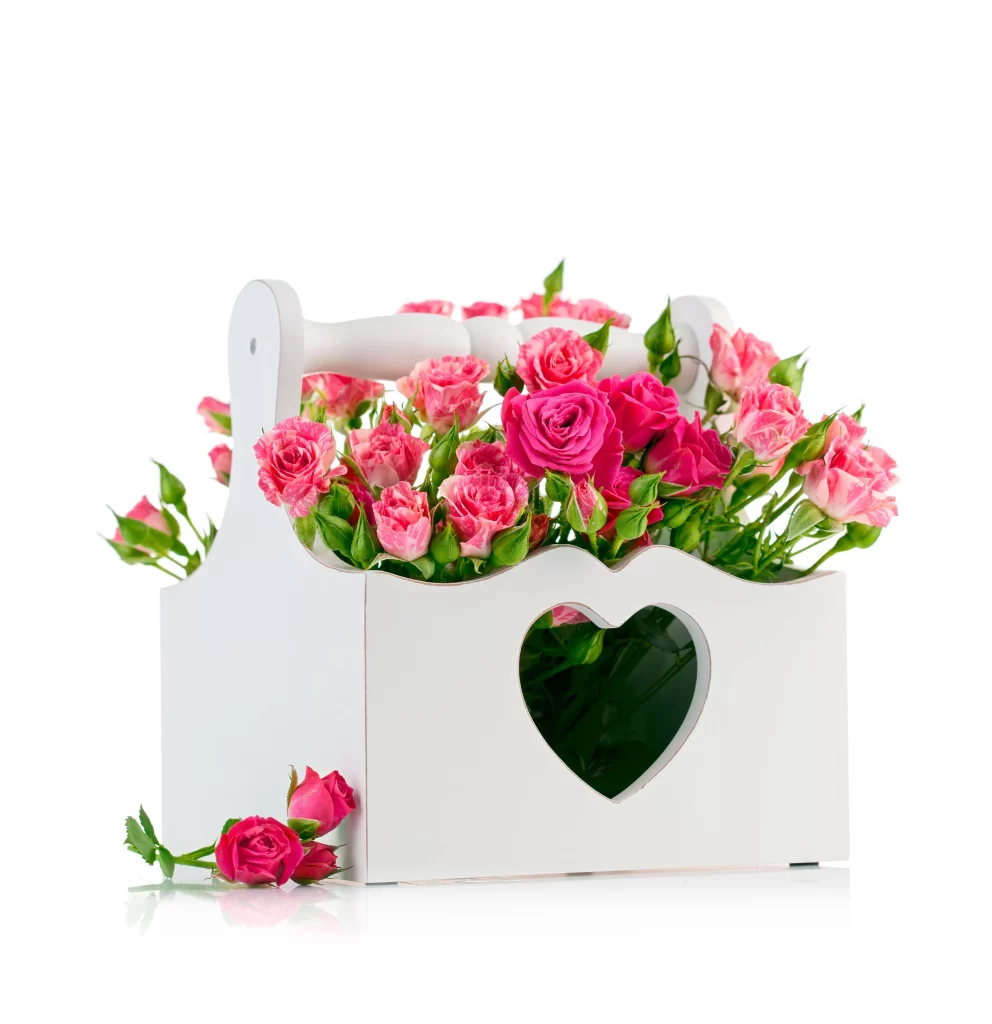 Pink Rose Flower Heart Shape White Box