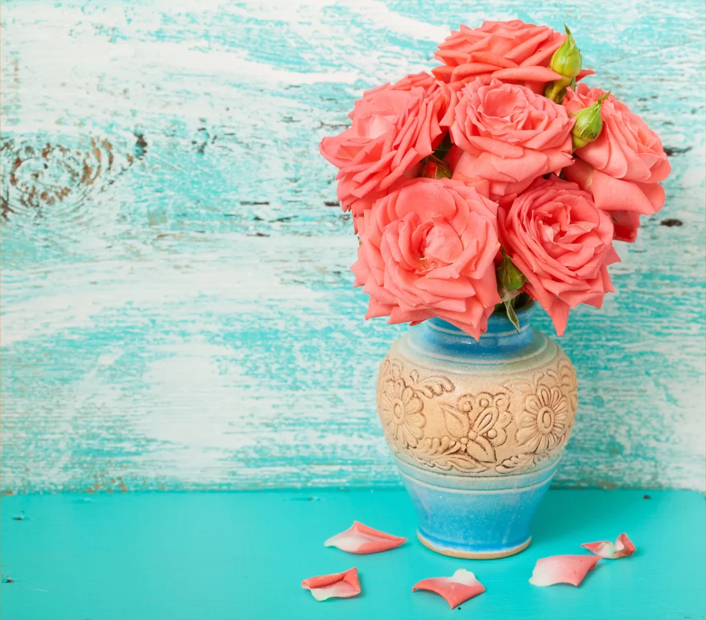 Pink Rose Flower Vase Petals Blue gray Background