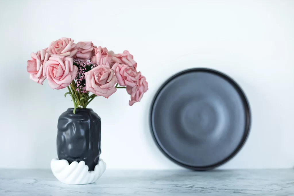 Pink Rose Flowers Black Vase White Base