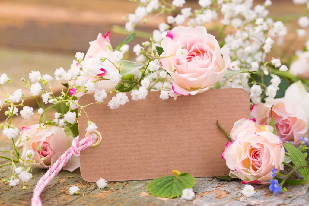 Pink Rose White Babys Breath Green Leaves Brown Cardboard Tag