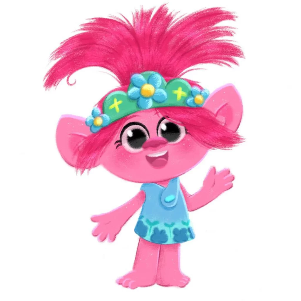 Pink Troll Character Flower Crown Blue Dress Eleonore Pelluau