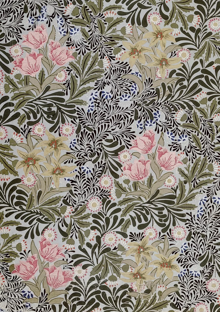Pink Tulip Lily Vine Sage Green Leaves Vintage William Morris