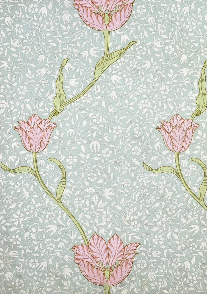 Pink Tulip Vine Sage Green Background William Morris