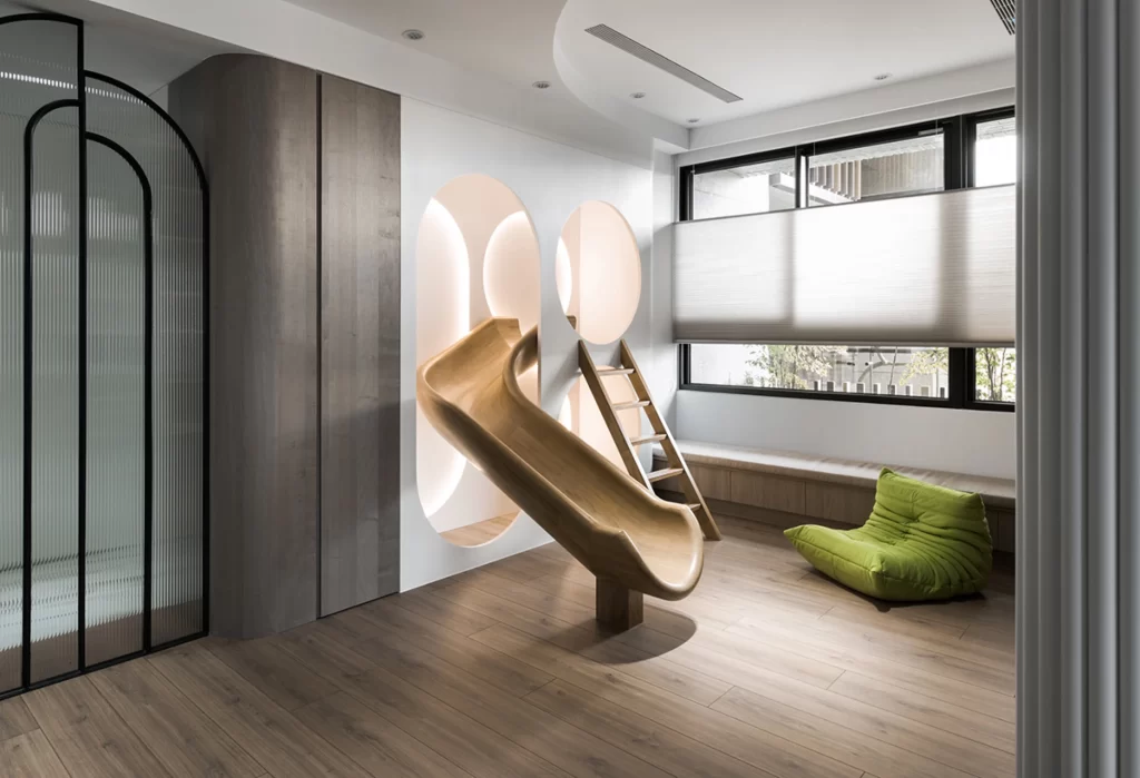 Playroom Contemporary Light Wood Neutral Green Accents
