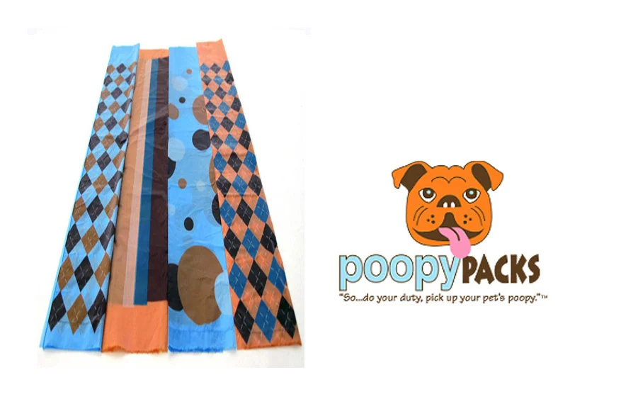 PoopyPacks Dog Waste Bags Blue Orange Black Brown Patterned