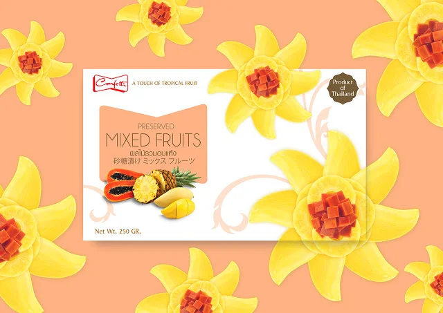 Preserved Mixed Fruits Tropical Yellow Red Packaging Design