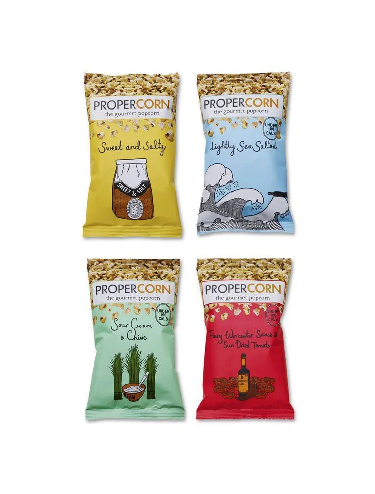 Propercorn Popcorn Sweet and Salty Lightly Sea Salted Sour Cream Chive Fiery Worcester Sauce Sun Dried Tomato