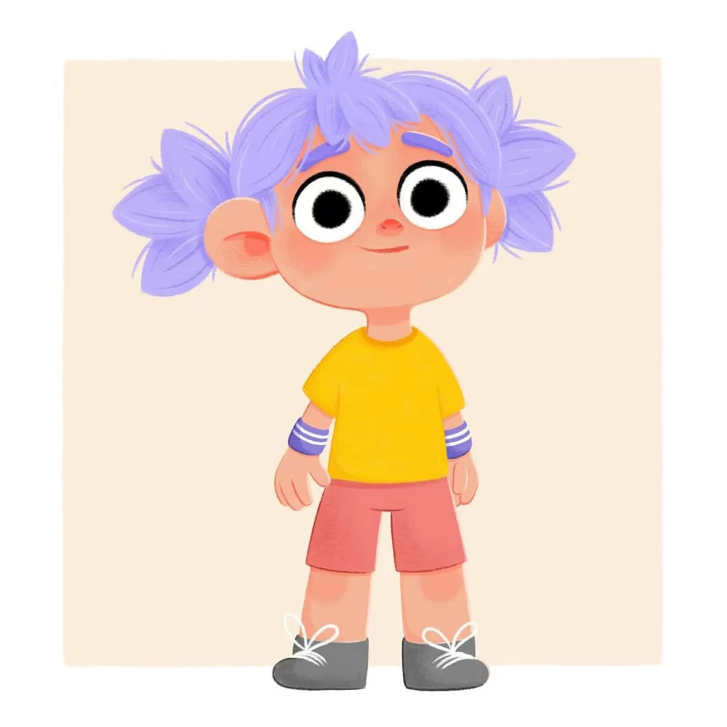 Purple Hair Girl Yellow Shirt Red Shorts Eleonore Pelluau