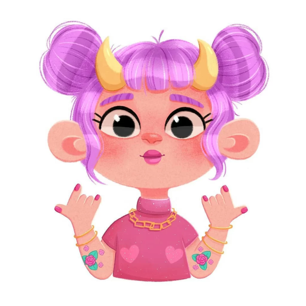 Purple Hair Yellow Horns Pink Outfit Jewelry Tattoos Eleonore Pelluau