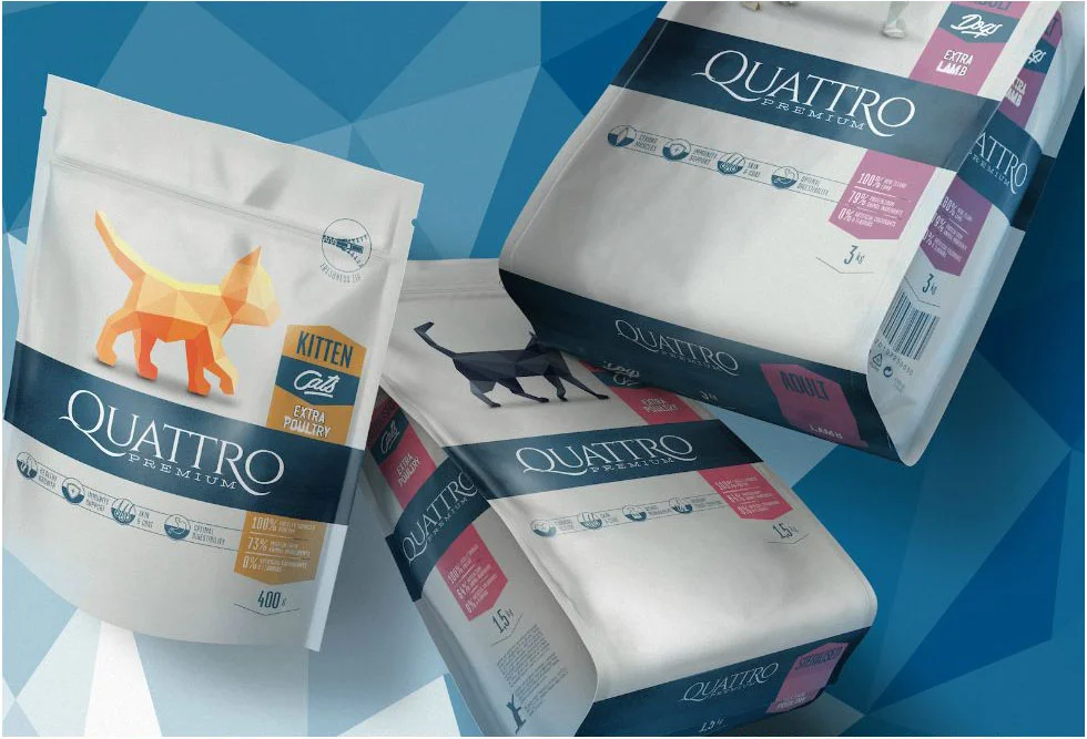 Quattro Cat Food Kitten Extra Poultry Blue White Geometric