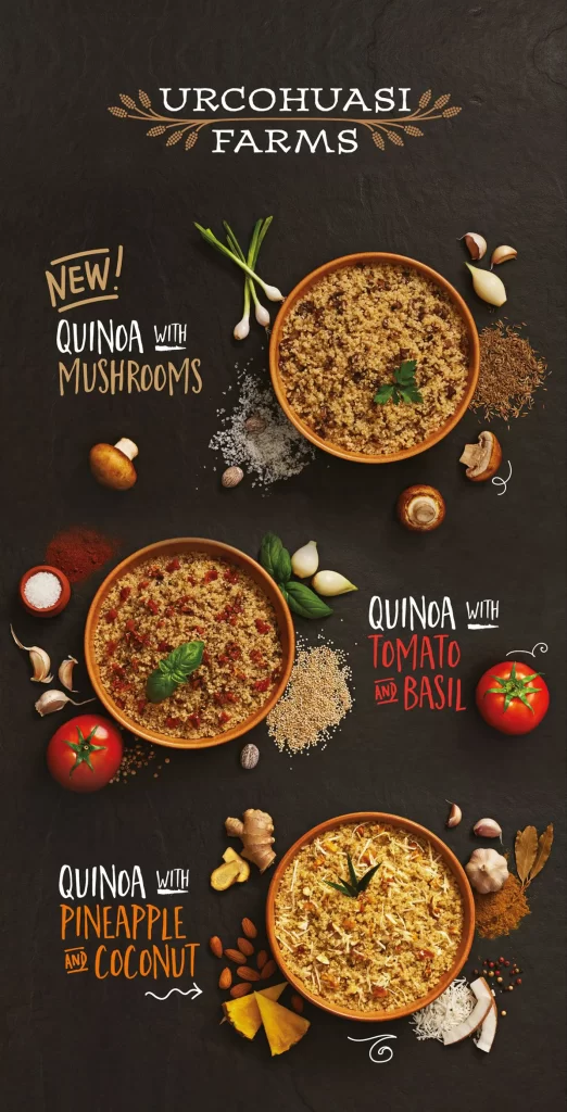 Quinoa Mushroom Tomato Basil Pineapple Coconut Rustic Earthy