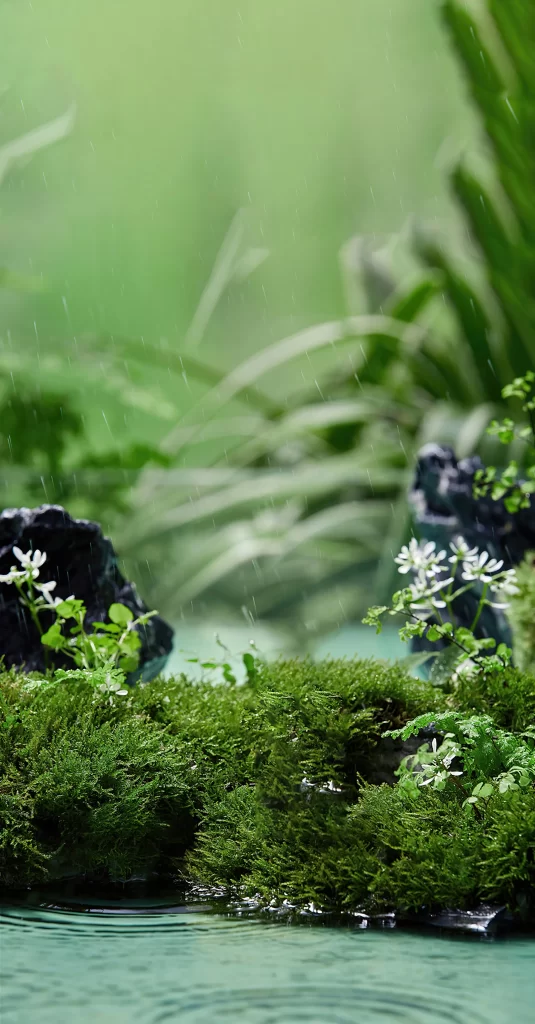 Raindrops Moss Plants Water Reflection
