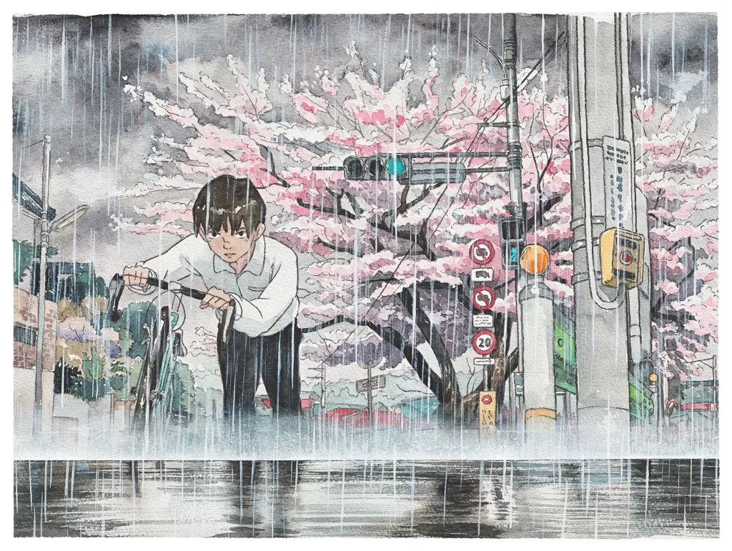 Rainy Day Bicycle Cherry Blossoms Urban Youth Mateusz Urbanowicz