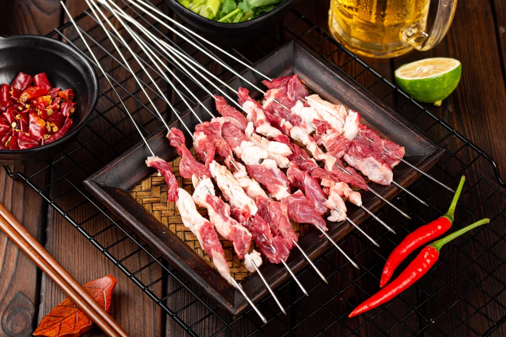 Raw Beef Skewers Fresh Red Chili Garnish