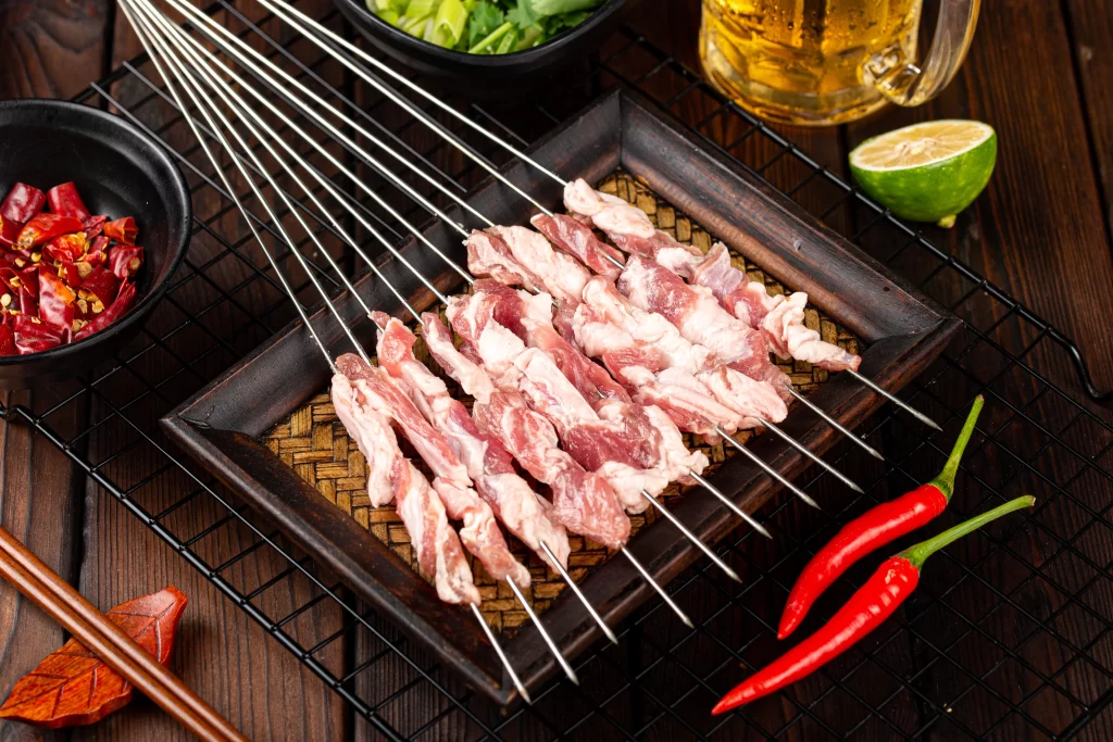 Raw Pork Skewers Fresh Meat Red Chili Garnish