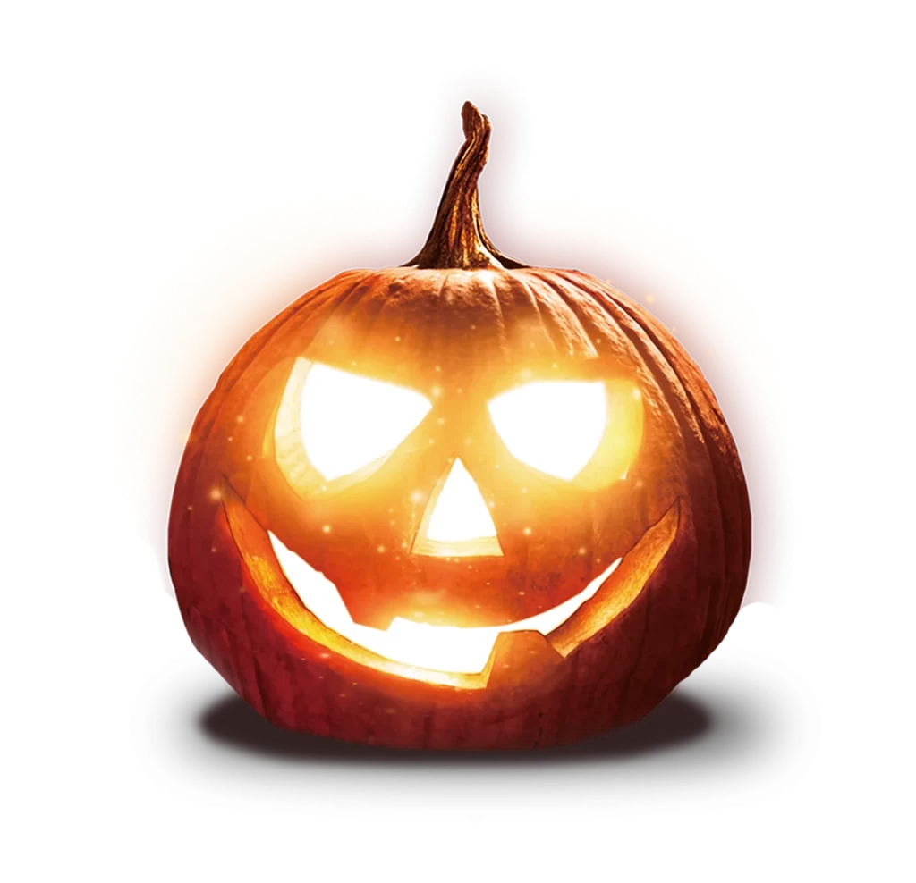 realistic orange carved face glowing purple