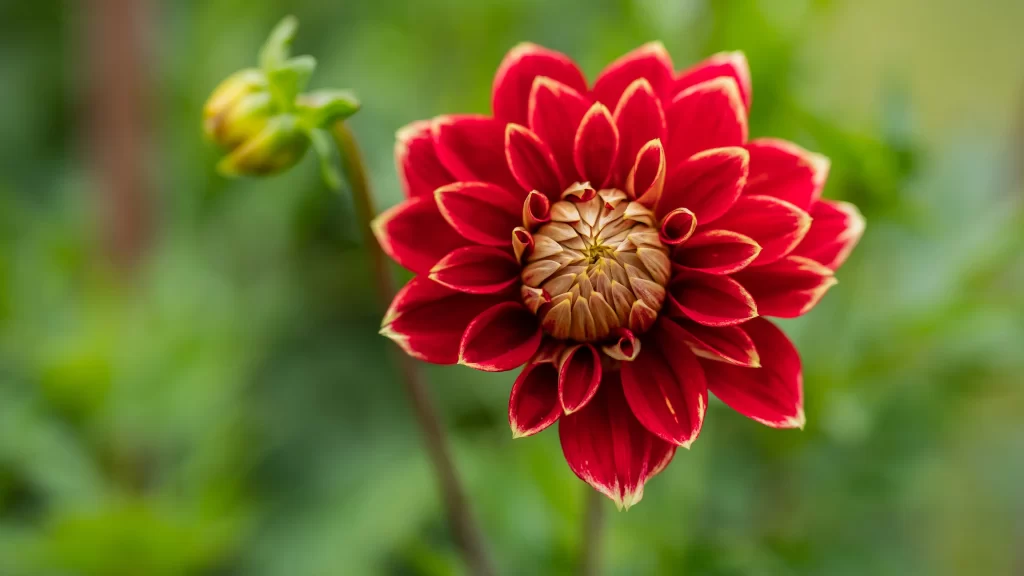 Red Dahlia Petals Yellow Tips Blooming