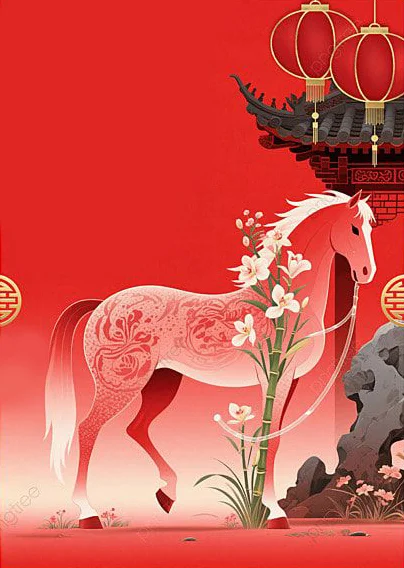 Red Horse Flowers Lanterns Traditional Chinese Art