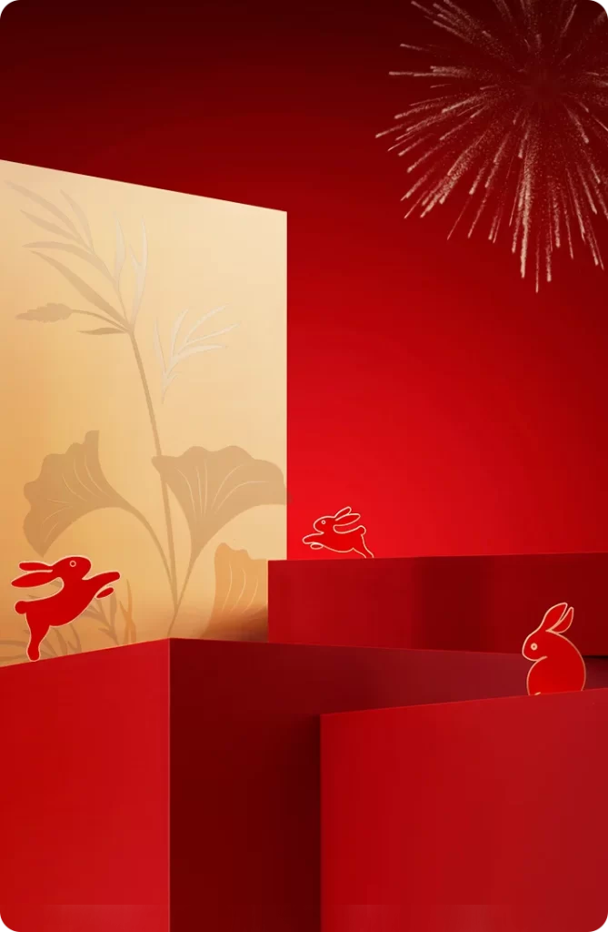 Red Rabbit Silhouettes on Geometric Platforms