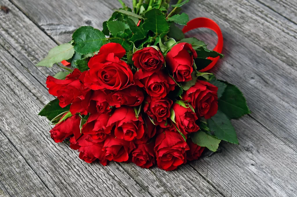 Red Rose Petals Green Leaves Grey Wood