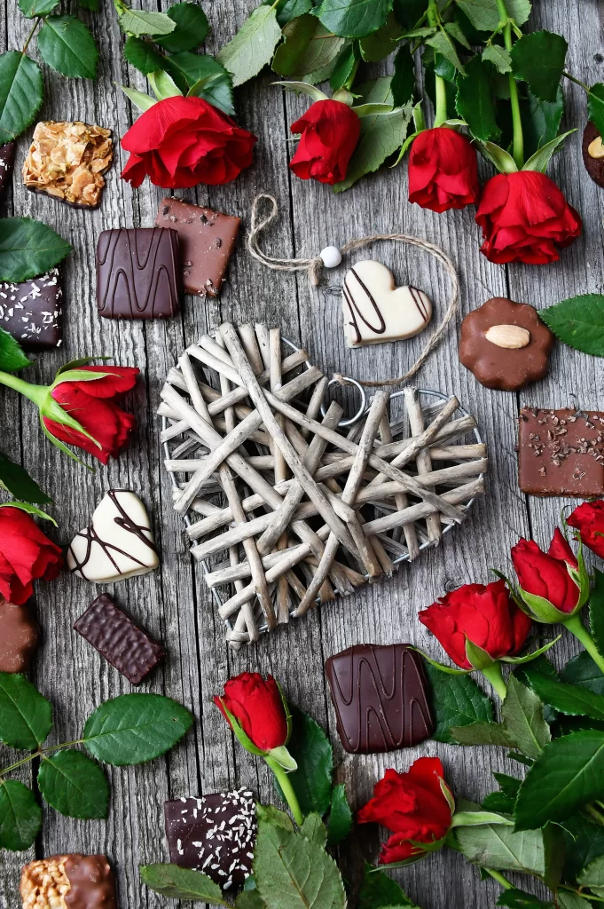 Red Rose Petals Green Leaves Brown Wood