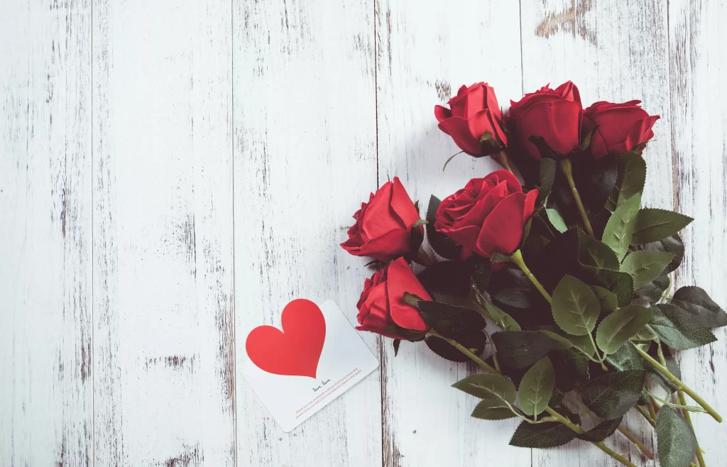 Red Rose Petals Green Leaves White gray Background