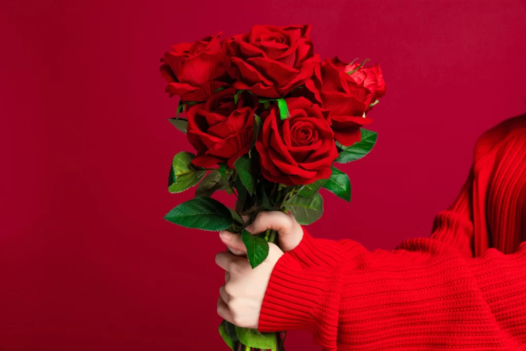 Red Rose Petals Green Leaves Red Background