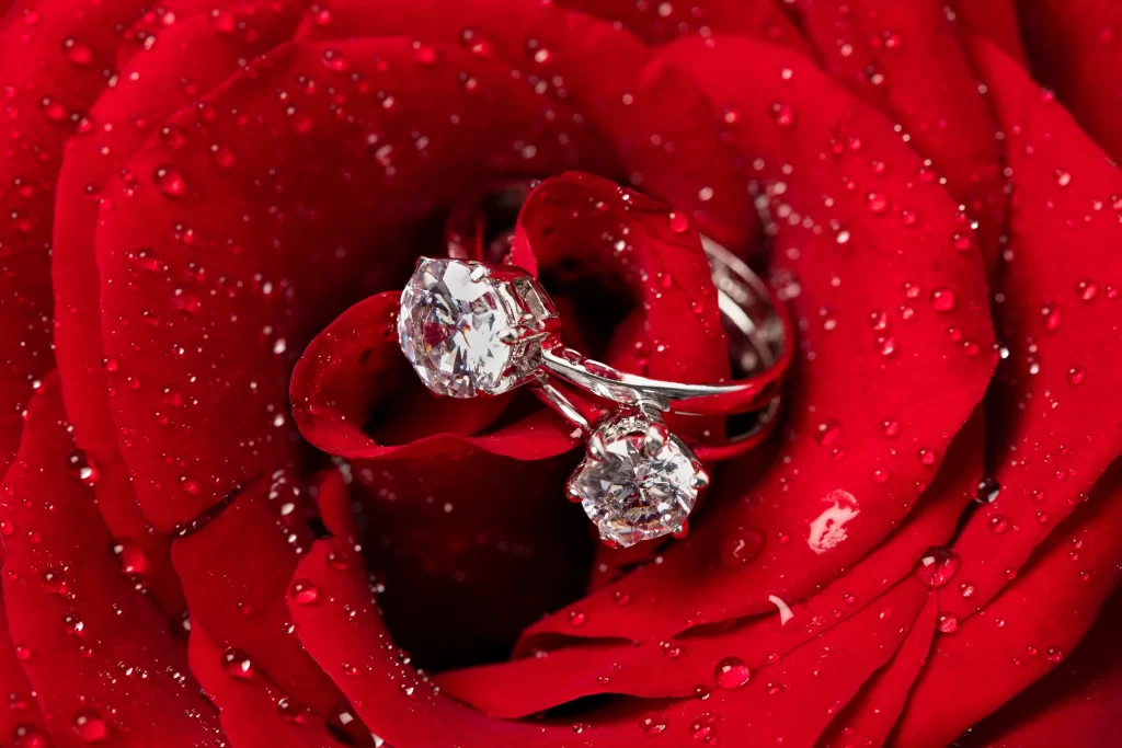Red Rose Petals White Diamond Ring