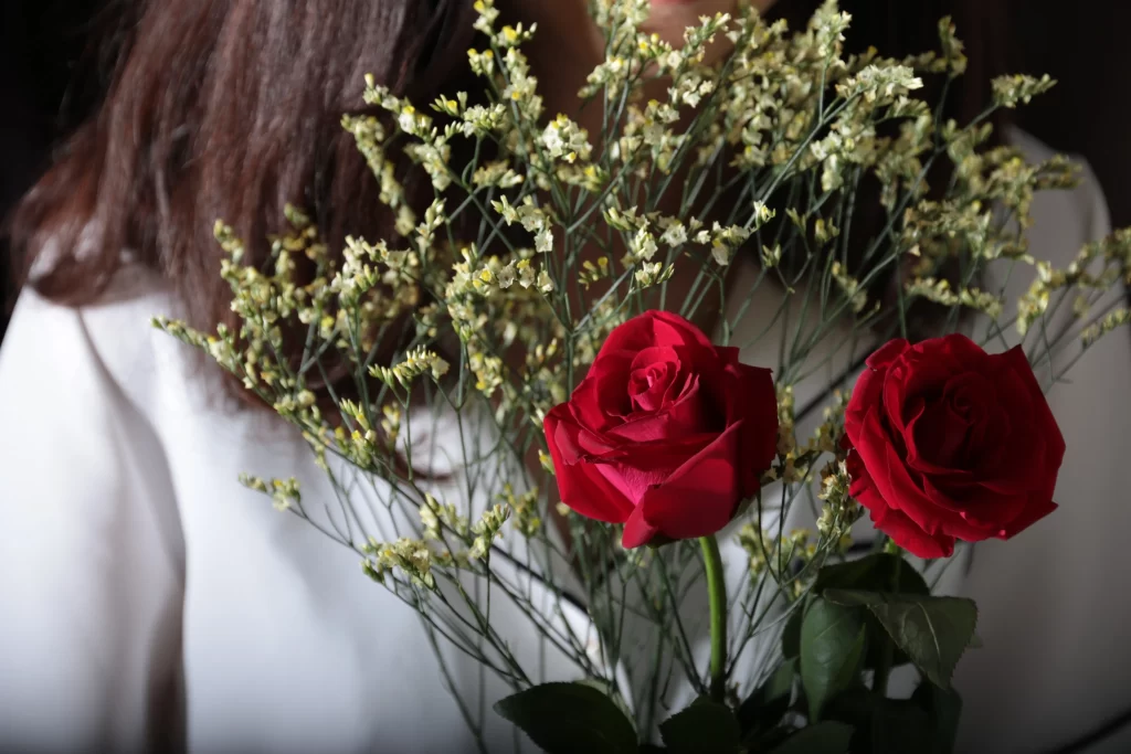 Red Rose Yellow Flowers Green Leaves White Shirt
