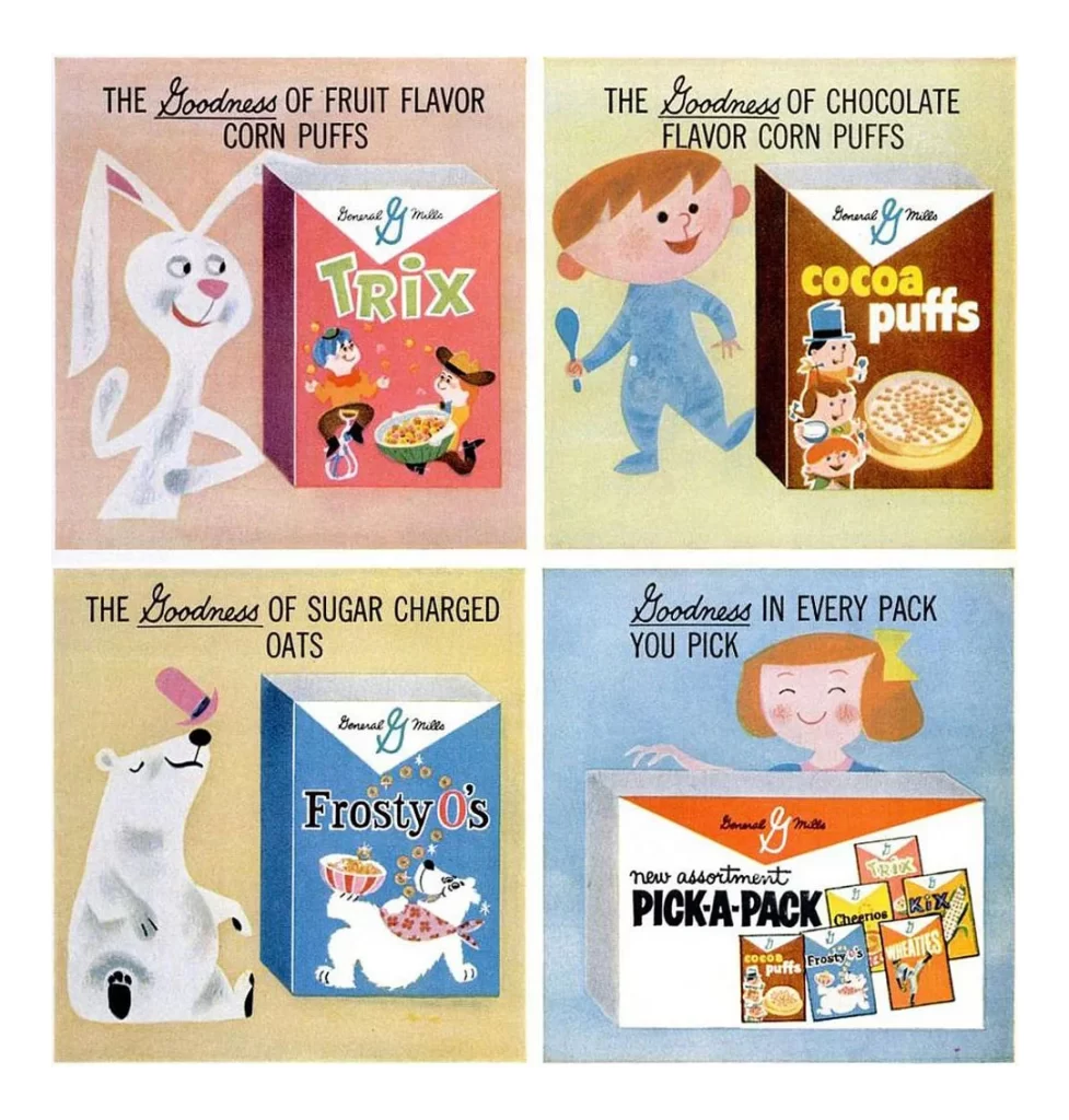 Retro Cereal Boxes Colorful Characters Vintage Illustration Design