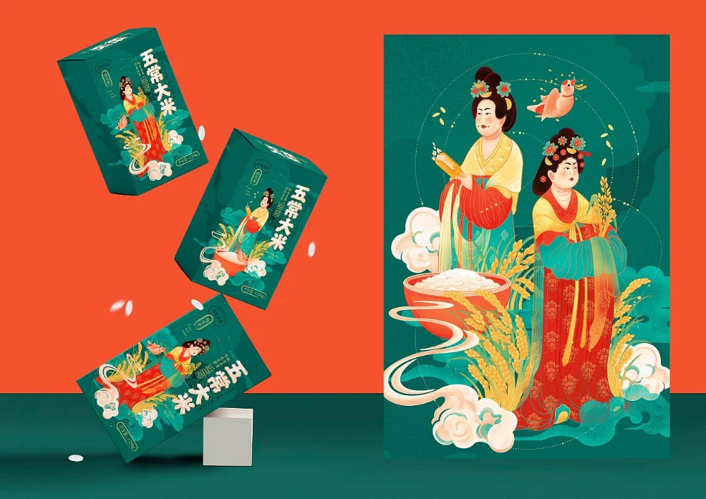 Rice Packaging Traditional Illustration Green Red Cultural Design