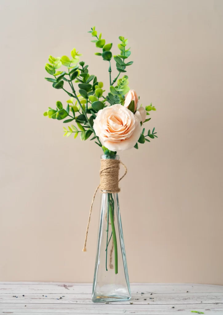 Rose Peach Green Leaf Brown Vase White Table