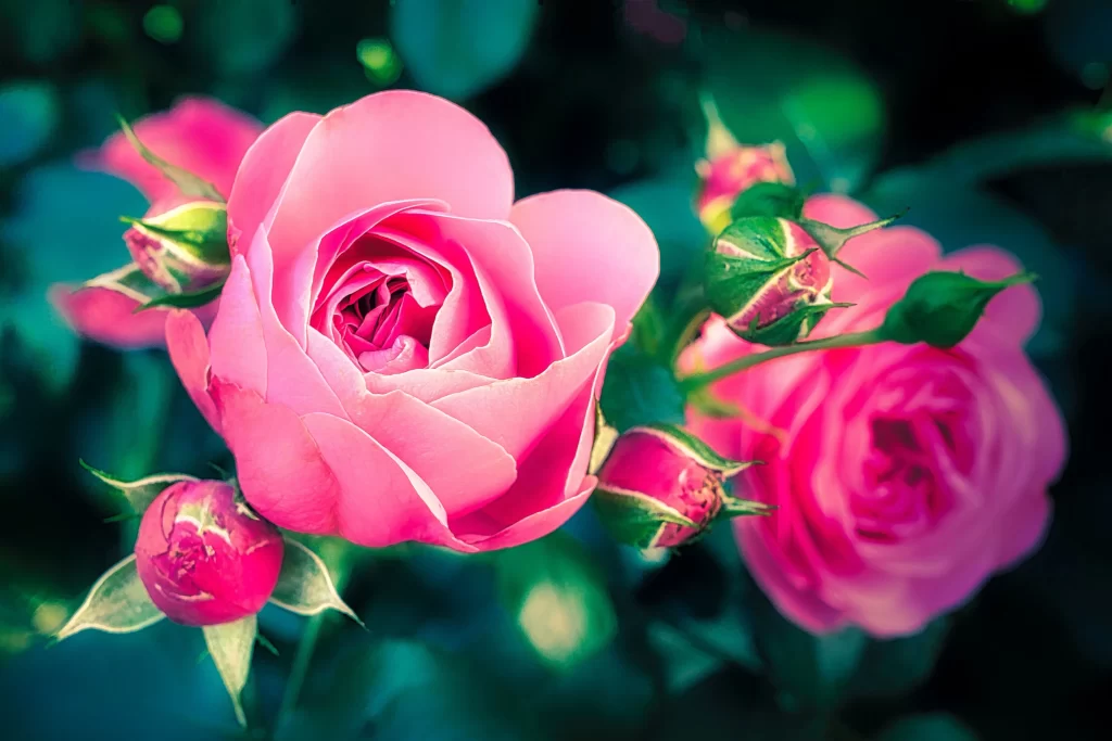 Rose Pink Petals Green Leaves Blurred gray Background