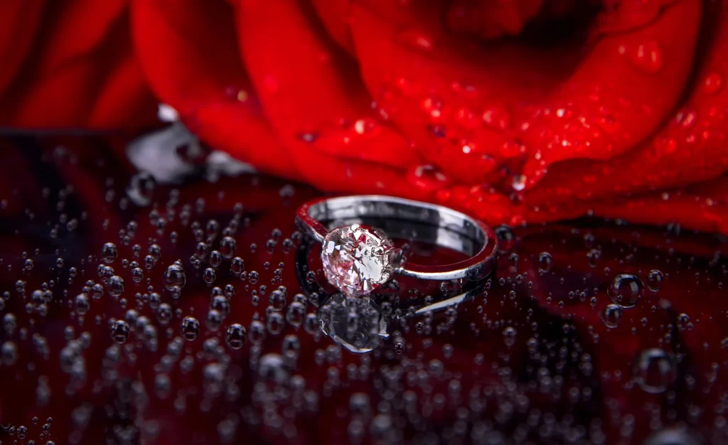 Rose Red Petals Silver Ring Water Droplets