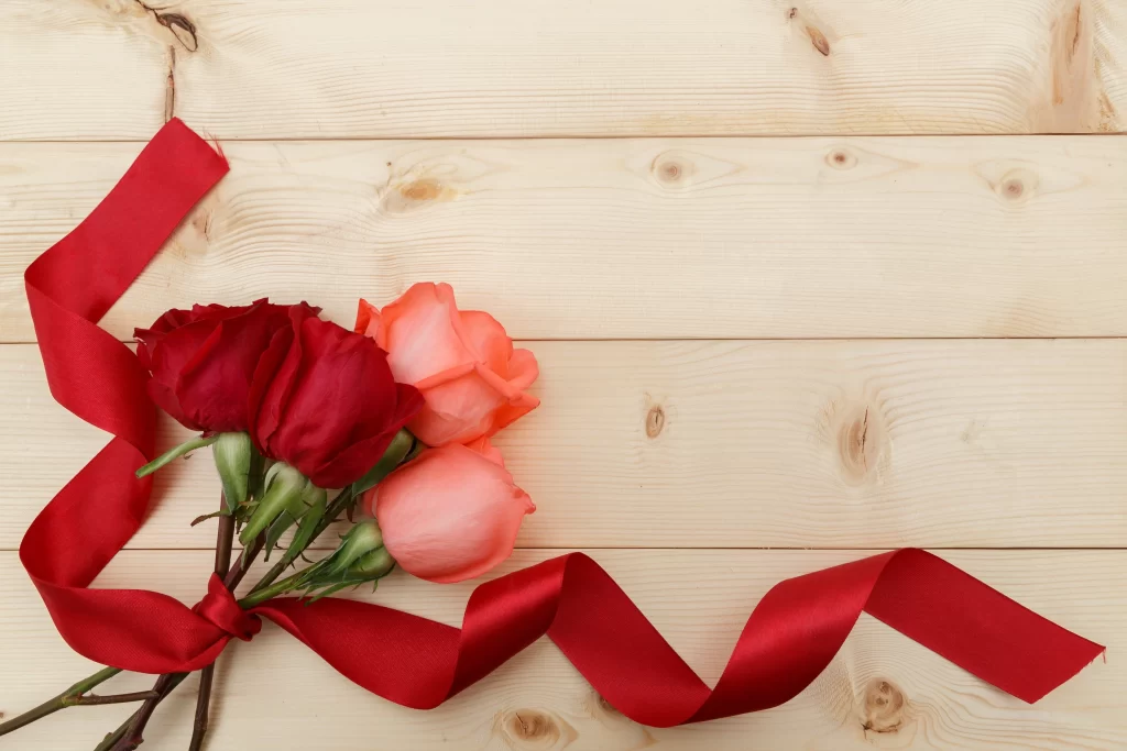 Rose Red Pink Green Leaf Wooden Surface