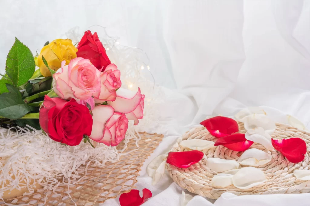 Rose Red Pink Yellow White Petals Basket