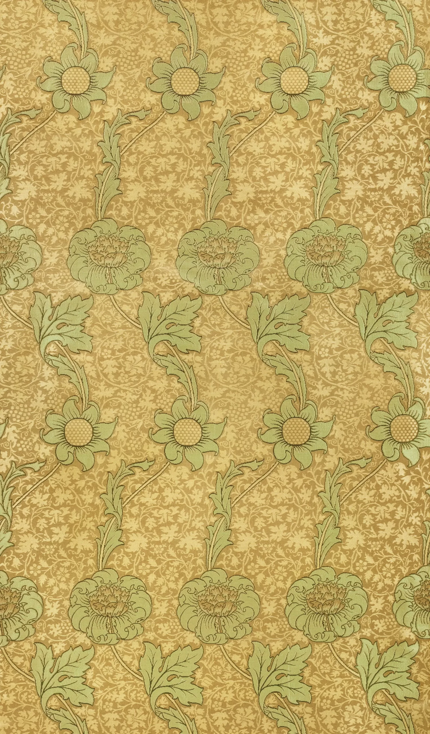Sage green anemone vine on gold background William Morris pattern