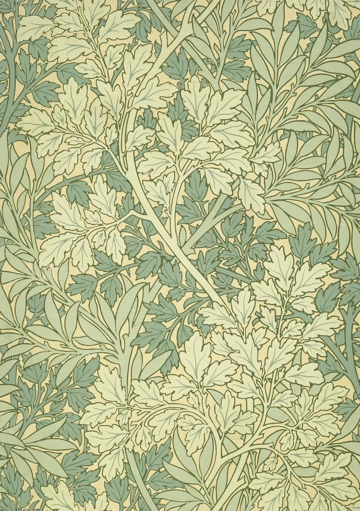 Sage Green Oak Leaves Vine Pattern Cream Background William Morris