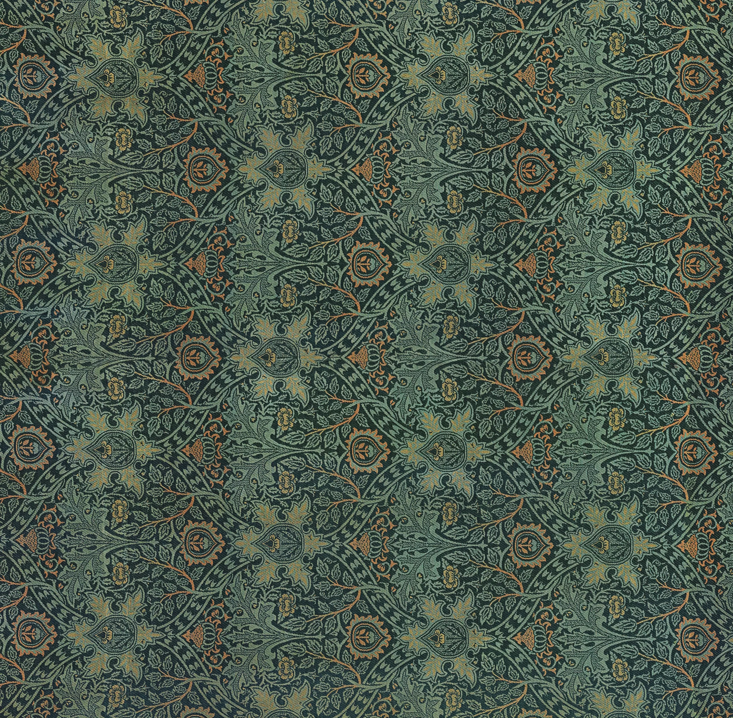 Sage green vine arabesque with terracotta flowers William Morris pattern