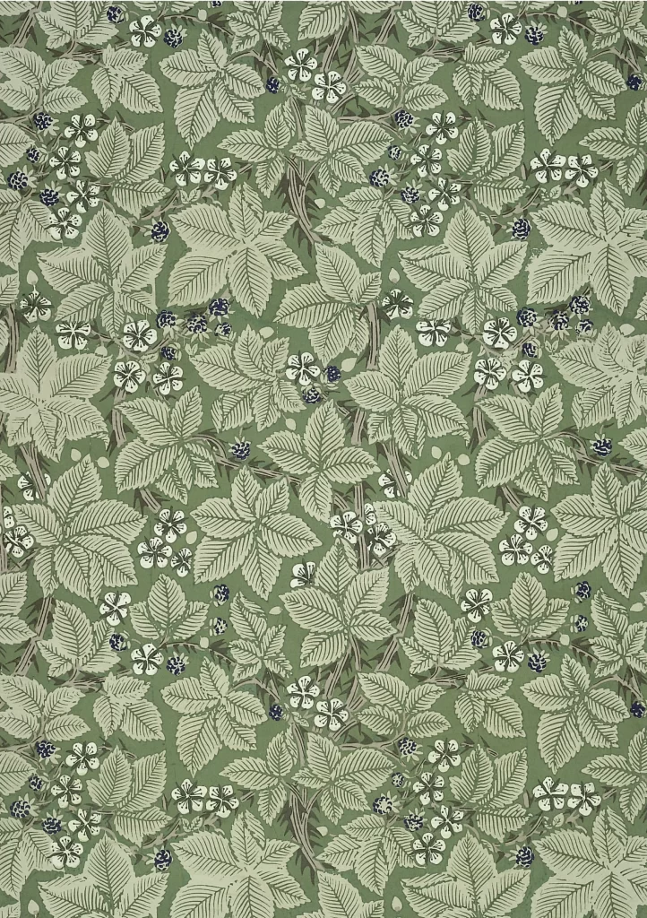 Sage Green Vine Pattern with White Flowers and Dark Berries William Morris