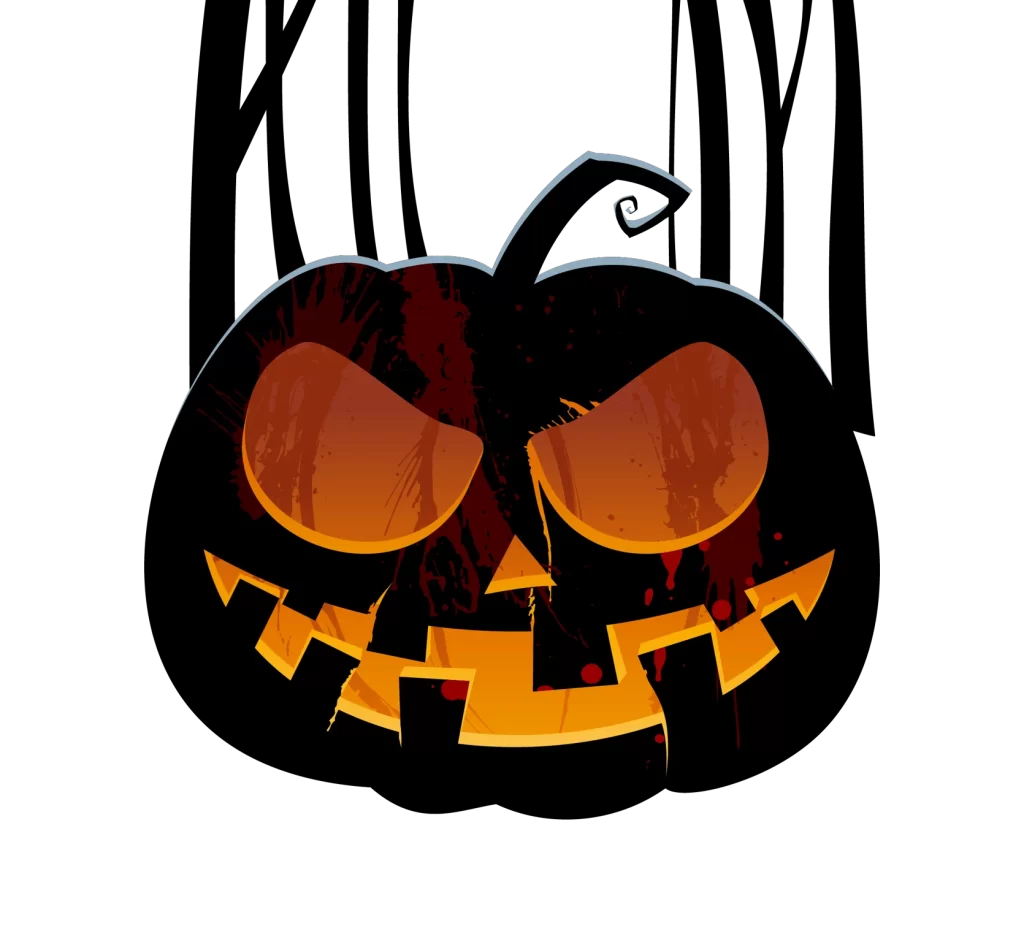 scary orange black glowing carved face stem golden