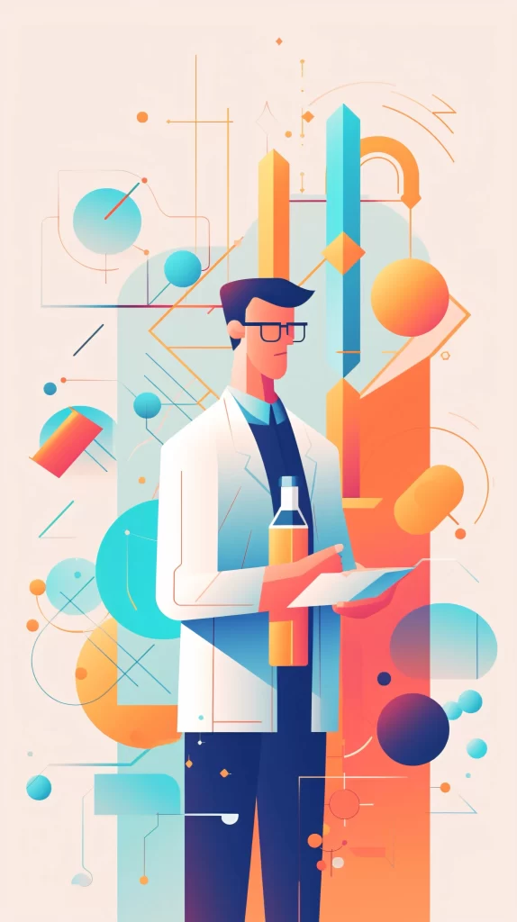 Scientist White Lab Coat Blue Orange Abstract