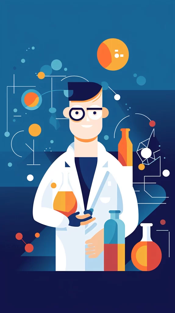 Scientist White Labcoat Blue Orange Flat Illustration Modern