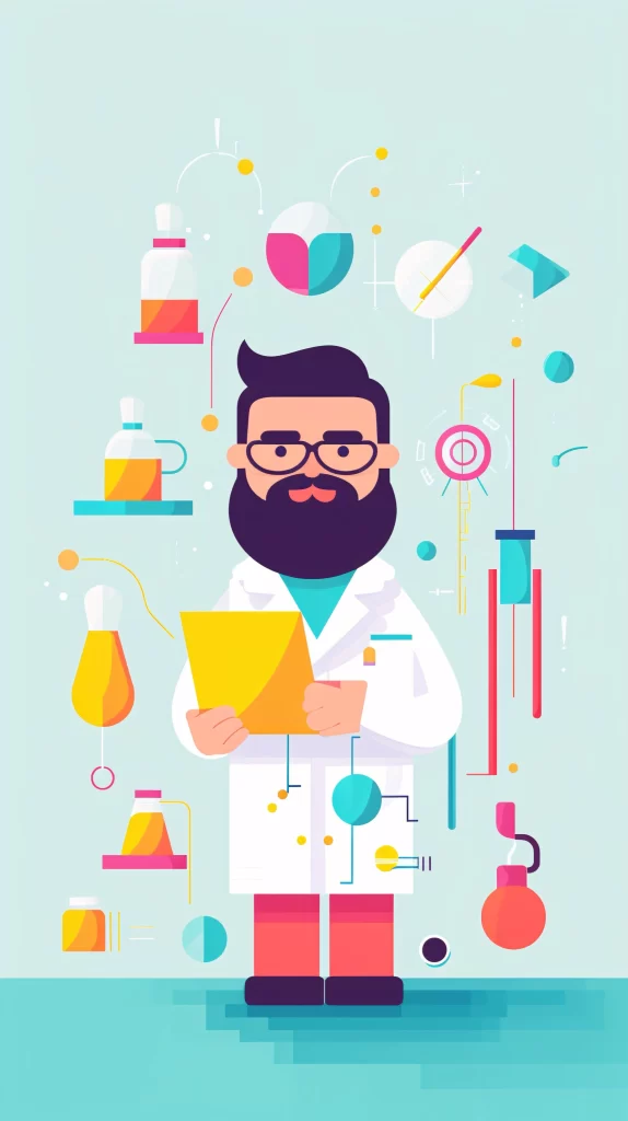 Scientist White Labcoat Yellow Clipboard Flat Illustration Modern