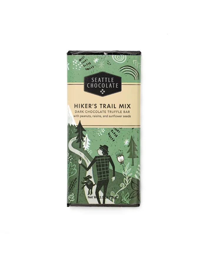 Seattle Chocolate Hiker’s Trail Mix Dark Chocolate Truffle Bar Peanuts Raisins Sunflower Seeds Illustrative Green White