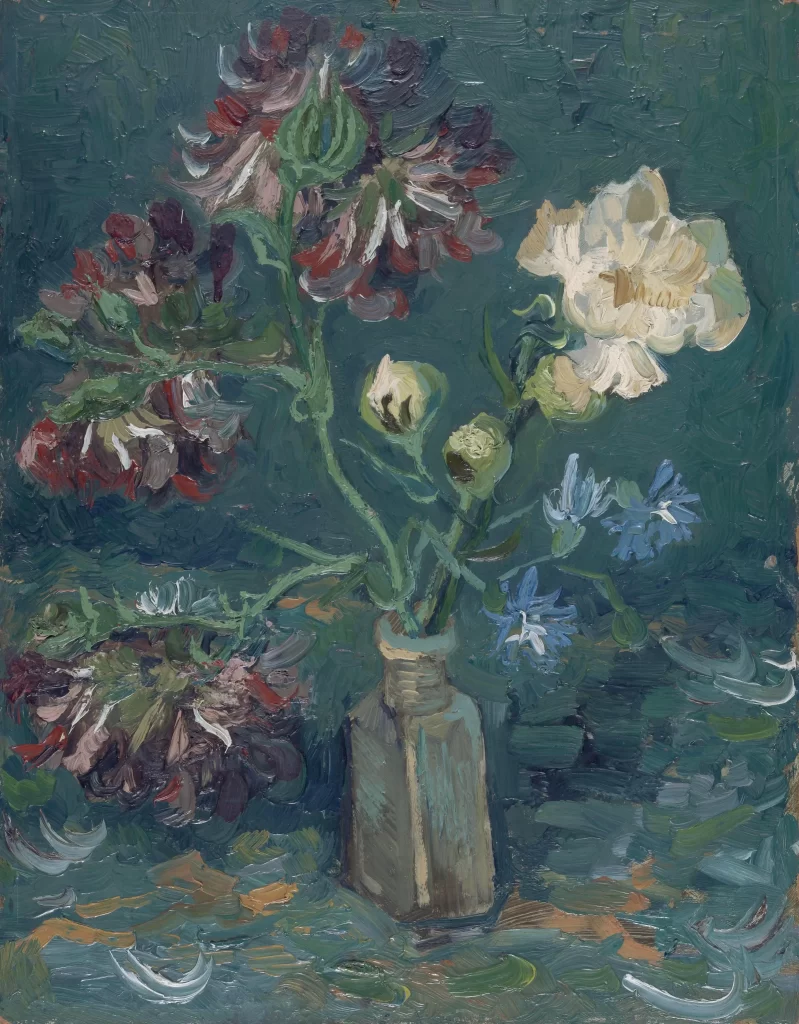 Small Bottle with Peonies and Blue Delphiniums Van Gogh