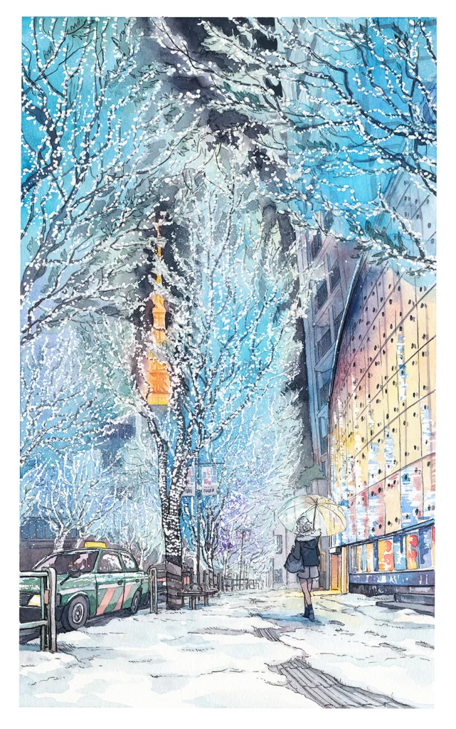 Snowy Street Winter Trees Taxi Lantern Mateusz Urbanowicz