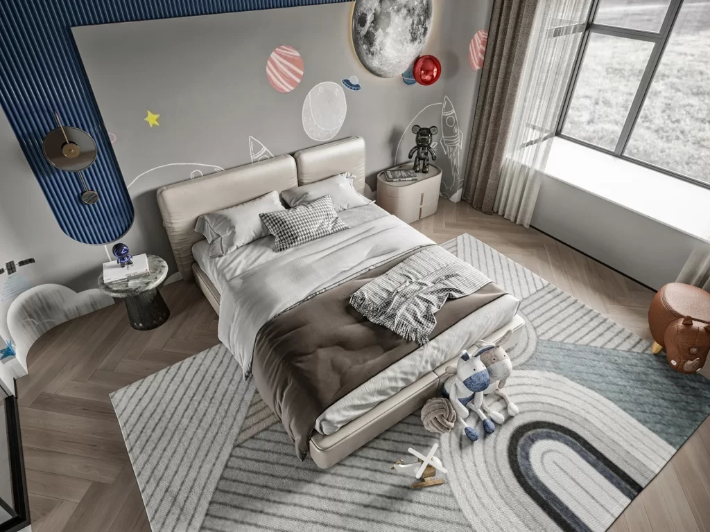Space-themed Modern Bedroom Neutral Colorful Accents