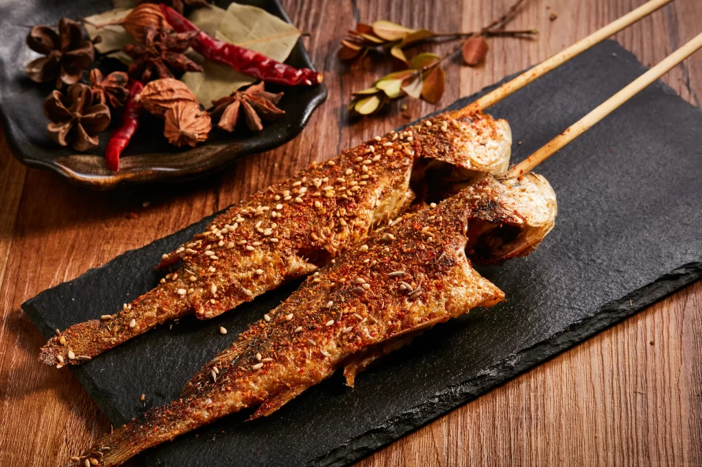 Spiced Grilled Fish Skewers with Sesame and Chili